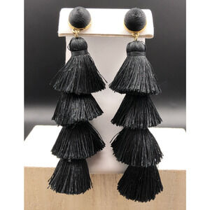 Baublebar Pierced Earrings Gabriela 4" Black Tiered Tassel Fringe Boho Dangles